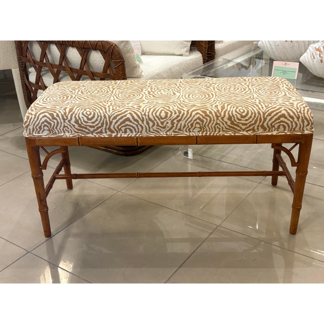 Vintage Faux Bamboo Wood Bench Newly Upholstered Quadrille Fabric For Sale - Image 12 of 12