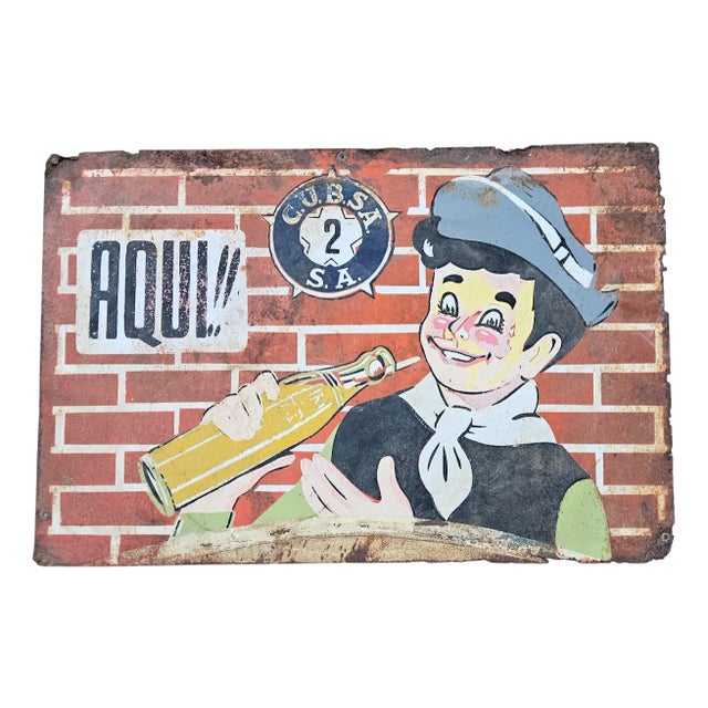 Hand-Painted Advertising Tin Sign by Aqui, 1920s For Sale