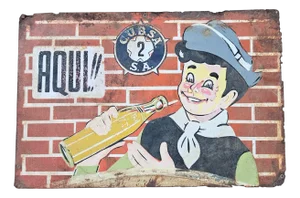 Hand-Painted Advertising Tin Sign by Aqui, 1920s