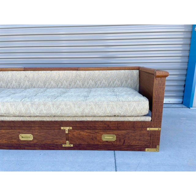 Brown 1960s Mid-Century Campaign Style Tiger Oak Daybed Sofa With Storage Drawers by Marge Carson For Sale - Image 8 of 13