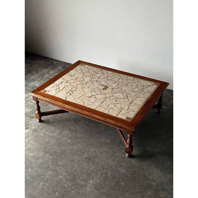 1970s Hand-Laid Stone Mosaic Coffee Table on Vintage Oak Trestle Base For Sale - Image 17 of 18