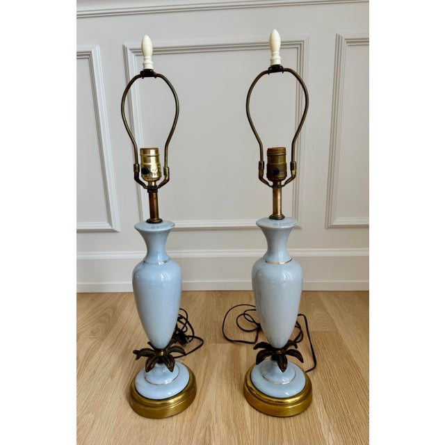 Metal Vintage Pale Blue Opaline Glass & Brass Palm Leaf Table Lamps - a Pair For Sale - Image 7 of 8