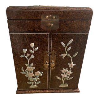 Vintage Midcentury Chinoiserie Brown Lacquer Shell Inlay Jewelry Box Cabinet For Sale