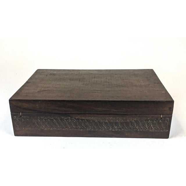 Vintage Large Mahogany Brass Inlaid Treasure Jewelry Box For Sale - Image 9 of 13