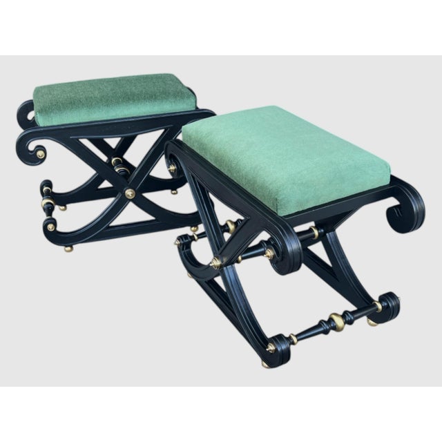 Pair of 1970s Hollywood Regency Benches – Restored Black Lacquer With Olive Mohair & Brass Details For Sale - Image 13 of 14