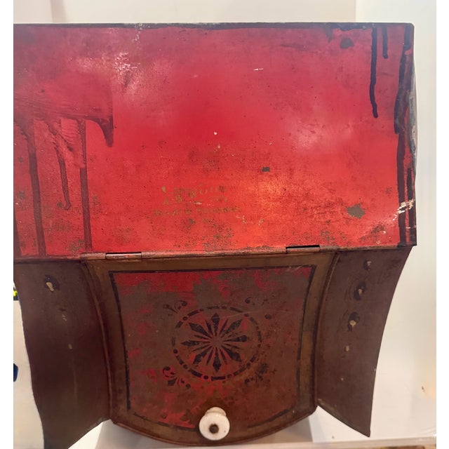 Metal Antique Maracaibo Tea Caddy Hand-Painted Tin Toleware Scenic Front For Sale - Image 7 of 11