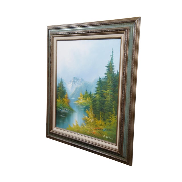 Realism Vintage Lantren Forest Lake Mountain Landscape Oil Painting 32" For Sale - Image 3 of 10