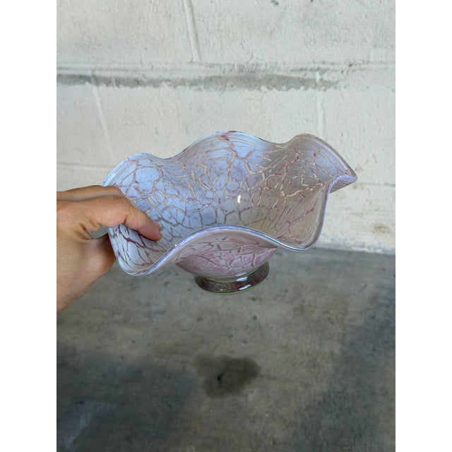 Ruffled Art Glass Centerpiece Bowl Pink and White Mottled Murano Style 1970s For Sale - Image 10 of 10