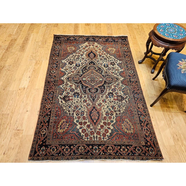 19th Century Persian Farahan Sarouk Area Rug, Hand-Knotted Wool, Floral Medallion Pattern, Ivory & Blue, 4x7 For Sale - Image 13 of 14