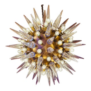 Mid Century Murano Glass Spike Sputnik Chandelier, Brass Globe, 1960s Lighting For Sale