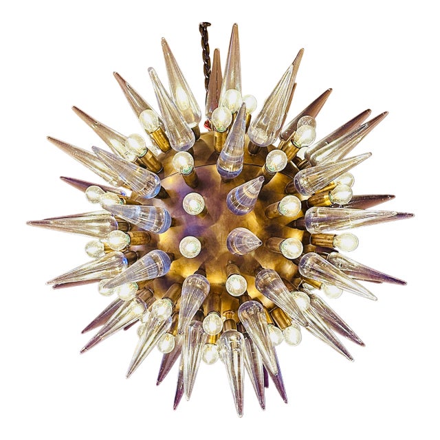 Mid Century Murano Glass Spike Sputnik Chandelier, Brass Globe, 1960s Lighting For Sale