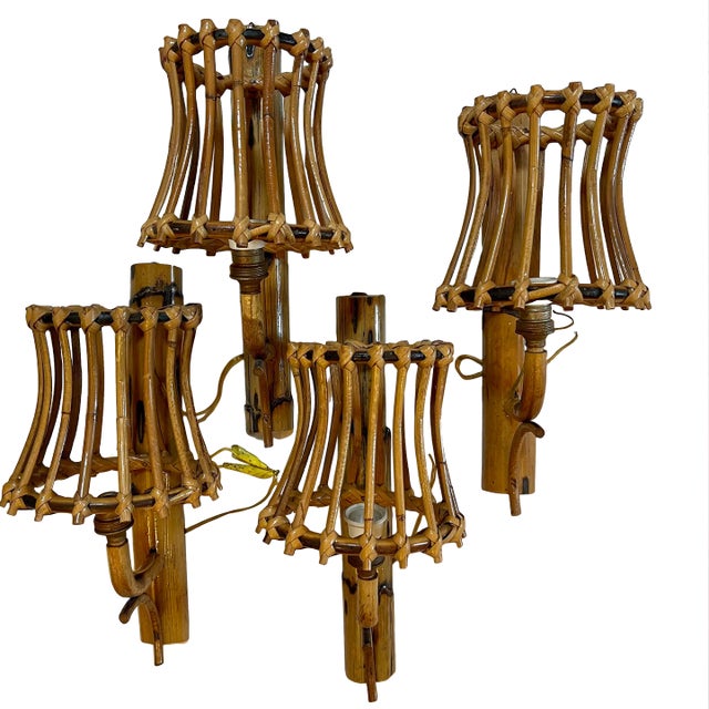 Mid-Century Italian Rattan Bamboo Sconces Attributed to Albini 1950s - Set of 4 For Sale