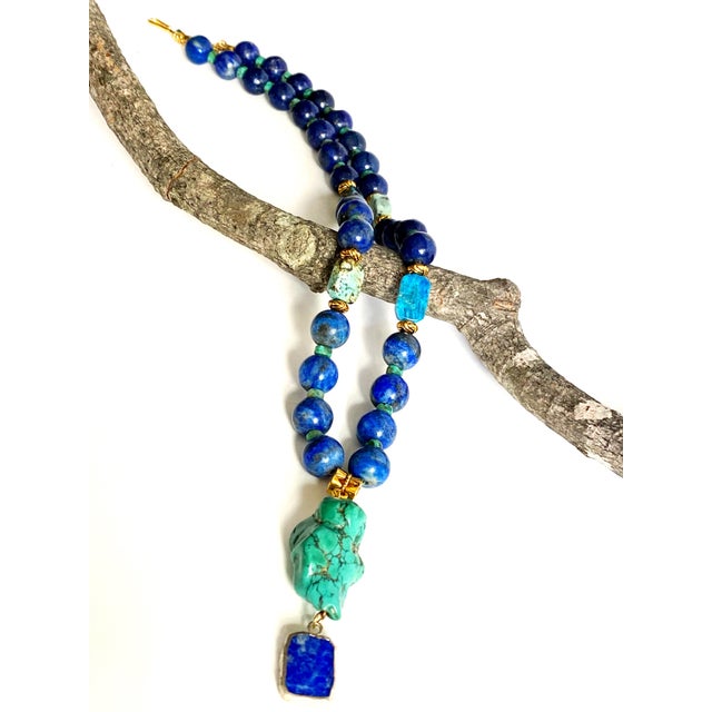 2020s One-of-a-Kind Lapis Lazuli & Turquoise Statement Necklace | Vintage Turquoise Pendant | Artisan Bohemian Luxury Jewelry For Sale - Image 5 of 17