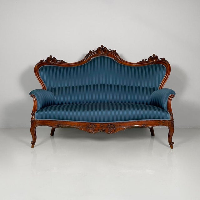 Italian Louis XVI style wood and blue stripes fabric sofa, 1930s Sofa with a finely crafted wooden frame featuring...