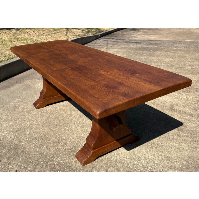 Vintage Solid Plank Trestle Oak Farm Dining Table For Sale - Image 4 of 12