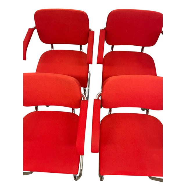 1970s Set of 4 Knoll Cesca Red Upholstered Cantilever Armchairs With Chrome Frames For Sale - Image 10 of 12