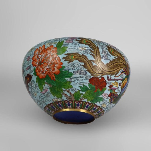Oversized Vintage Chinese Cloisonne Enameled Bowl With Floral & Pheasants 20thC For Sale - Image 9 of 11
