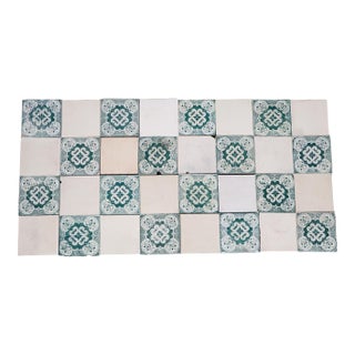 1920s Portuguese Art Deco Tiles Set of 32 Large Green & White Antique Decorative Tiles For Sale