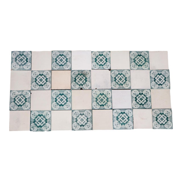 1920s Portuguese Art Deco Tiles Set of 32 Large Green & White Antique Decorative Tiles For Sale