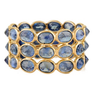 9.54 Ct Natural Blue Sapphire Triple Row Wide Band Ring Size 5.5 in 14k Gold For Sale