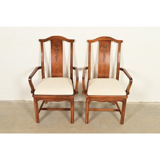 Mid-Century Modern Thomasville Mid-Century Hollywood Regency Chinoiserie Carved Walnut Armchairs, Pair For Sale - Image 3 of 15
