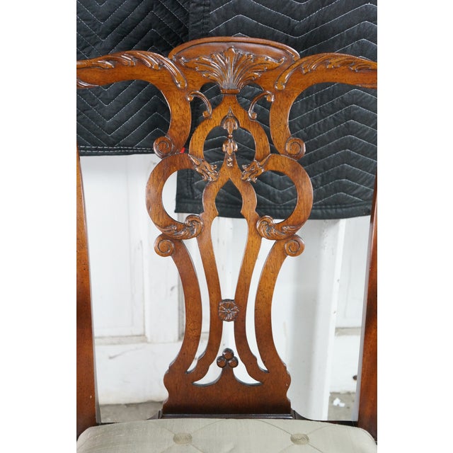 6 Late 20th Century Maitland Smith Chippendale Pierced Mahogany Dining Side Arm Chairs Silk Seats For Sale - Image 10 of 18
