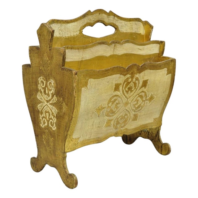 Vintage Italian Florentine Gold Giltwood Hollywood Regency Magazine Rack Stand For Sale