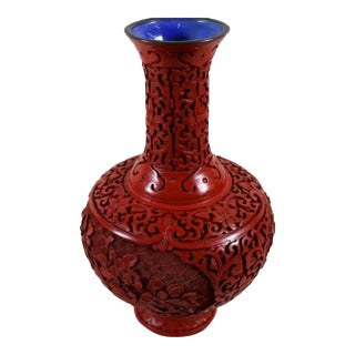Chinese Cinnabar Vase Intricately Carved For Sale