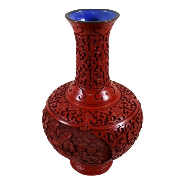 Chinese Cinnabar Vase Intricately Carved For Sale