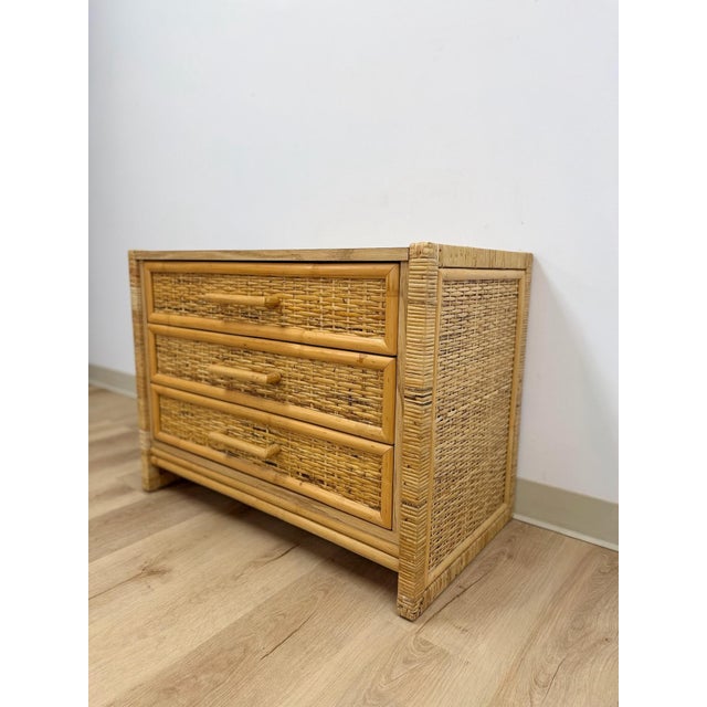 Vintage Chest Coastal Wicker Rattan Three Drawer Boho Hollywood Regency Dresser For Sale In Tampa - Image 6 of 13