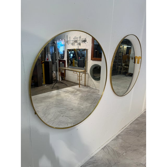 Pair of Italian Large Round Brass Framed Wall Mirrors, 1950s For Sale - Image 4 of 8