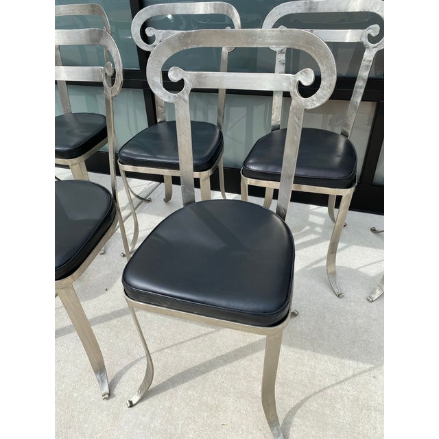 1990s Set of 2 Iron Indoor/Outdoor Klismos Column Dining Chairs With Leather Upholstery Handcrafted Styled After Jermaine Gallacher For Sale - Image 6 of 12