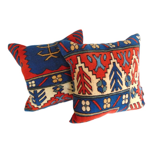 Vintage Pair of Hand Knotted Turkish Carpet Pillow Covers 20"x20" For Sale