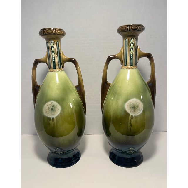 A Pair of Antique Art Nouveau Hand-Painted Ceramic Vases Dandelion Motif 12"h For Sale - Image 4 of 8