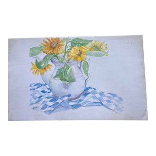 1980’s Original Impressionist Watercolor Painting Sunflowers in Pitcher For Sale