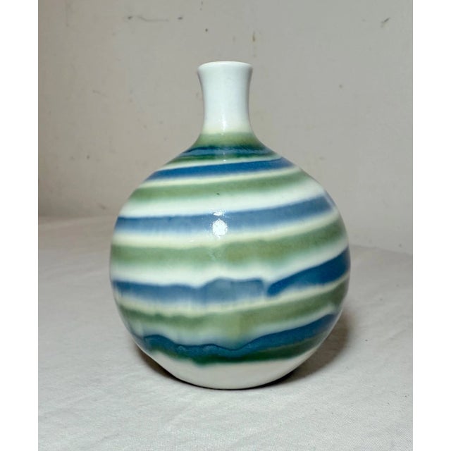 Ceramic Vintage Otagiri Japan Green Striped Glazed Bulbous Weed Pot Pottery Vase For Sale - Image 7 of 8