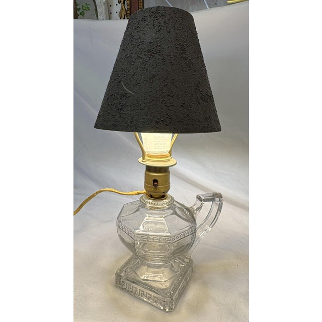 Antique Greek Key Pressed Glass Electrified Oil Lamp For Sale - Image 10 of 12