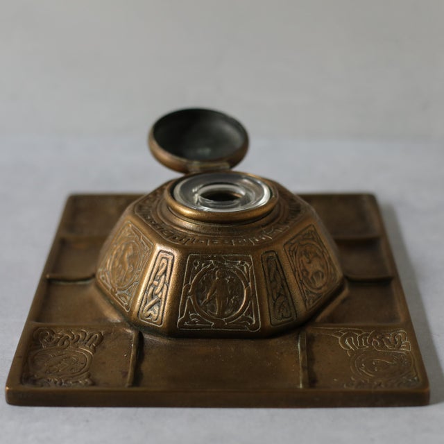 Bronze Tiffany Studios New York Zodiac Bronze Inkwell With Pen Tray and Rocker Blotter For Sale - Image 8 of 18