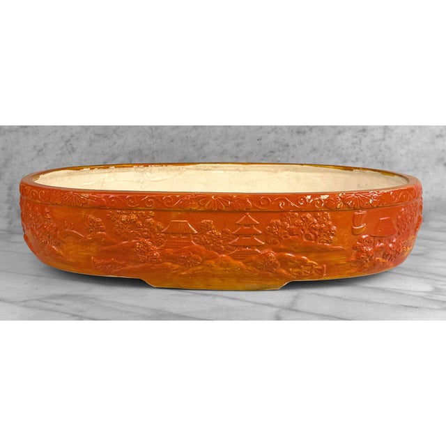 Vintage Large Japanese Ceramic Orange Oval Bonsai Planter For Sale - Image 6 of 13