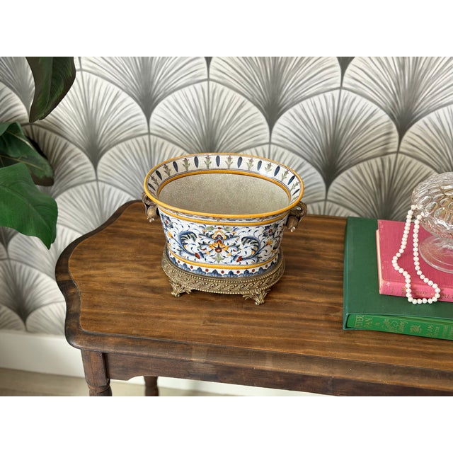 Vintage Porcelain Crackle Glaze Floral Jardinière Brass Ormolu-Style Footed Cachepot Planter Vase For Sale - Image 11 of 17