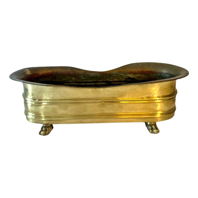 Rectangular Brass Planter or Jardiniere with Curved Edging and Lion Paw Feet For Sale