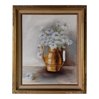 1981 Donna Kasten Still Life Daisies & Brass Pitcher Oil on Canvas Painting, Framed For Sale