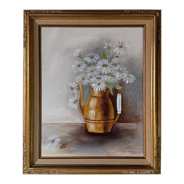 1981 Donna Kasten Still Life Daisies & Brass Pitcher Oil on Canvas Painting, Framed For Sale
