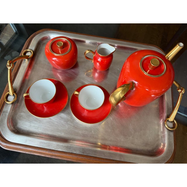 Art Deco porcelain espresso set perfect for your holiday entertaining. The fiery glaze is something to remember. In...