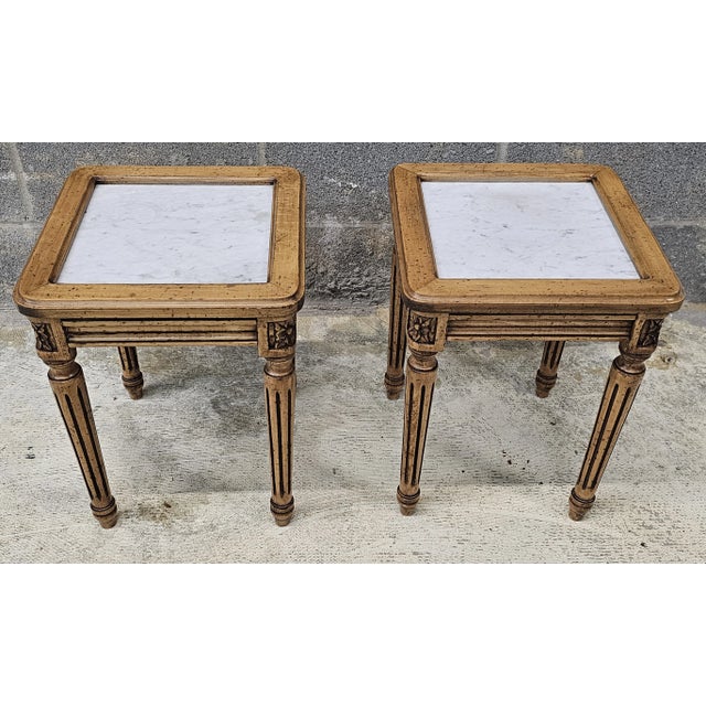 Pair Mid Century French Style Fruitwood & Marble Top Candle Stands Side Tables For Sale - Image 4 of 9