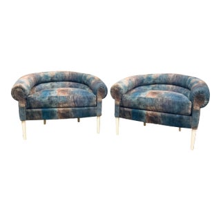 Lillian August Abstract Modern Blue and Purple Rhodes Lounge Chairs Pair For Sale