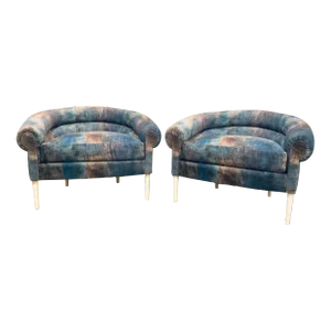 Lillian August Abstract Modern Blue and Purple Rhodes Lounge Chairs Pair