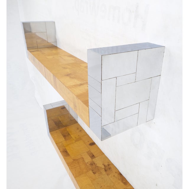 Paul Evans Pair Paul Evans Bracket Shape Burl Walnut Polished Chrome Hanging Shelves Mint For Sale - Image 4 of 11