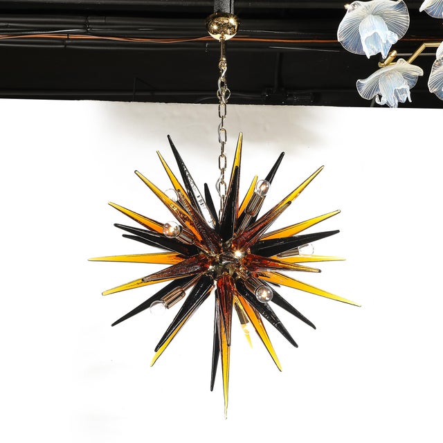Brass Modernist Hand-Blown Mixed Smoked Murano Glass Spike Form Sputnik Chandelier For Sale - Image 8 of 12