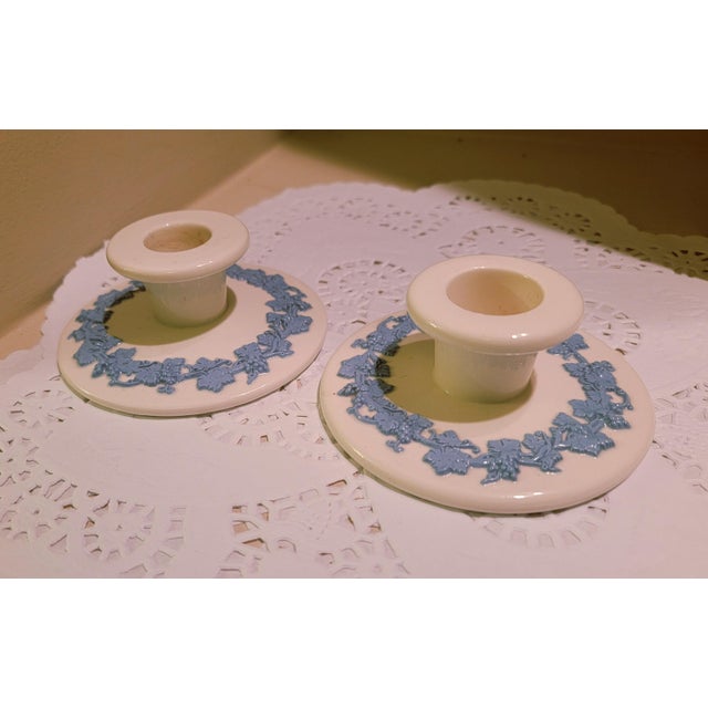 Mid-Century Modern Wedgwood Etruria Blue on Cream Queensware Candle Holders, Barlaston Embossed. Made in England. For Sale - Image 3 of 8
